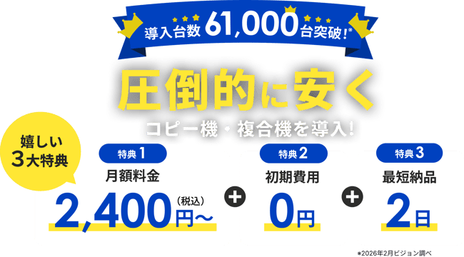 導入台数61,000台突破!圧倒的に安くコピー機・複合機を導入!嬉しい3大特典 特典1 月額料金2,400円税込み~ 特典2 初期費用0円 特典3 最短納品2日